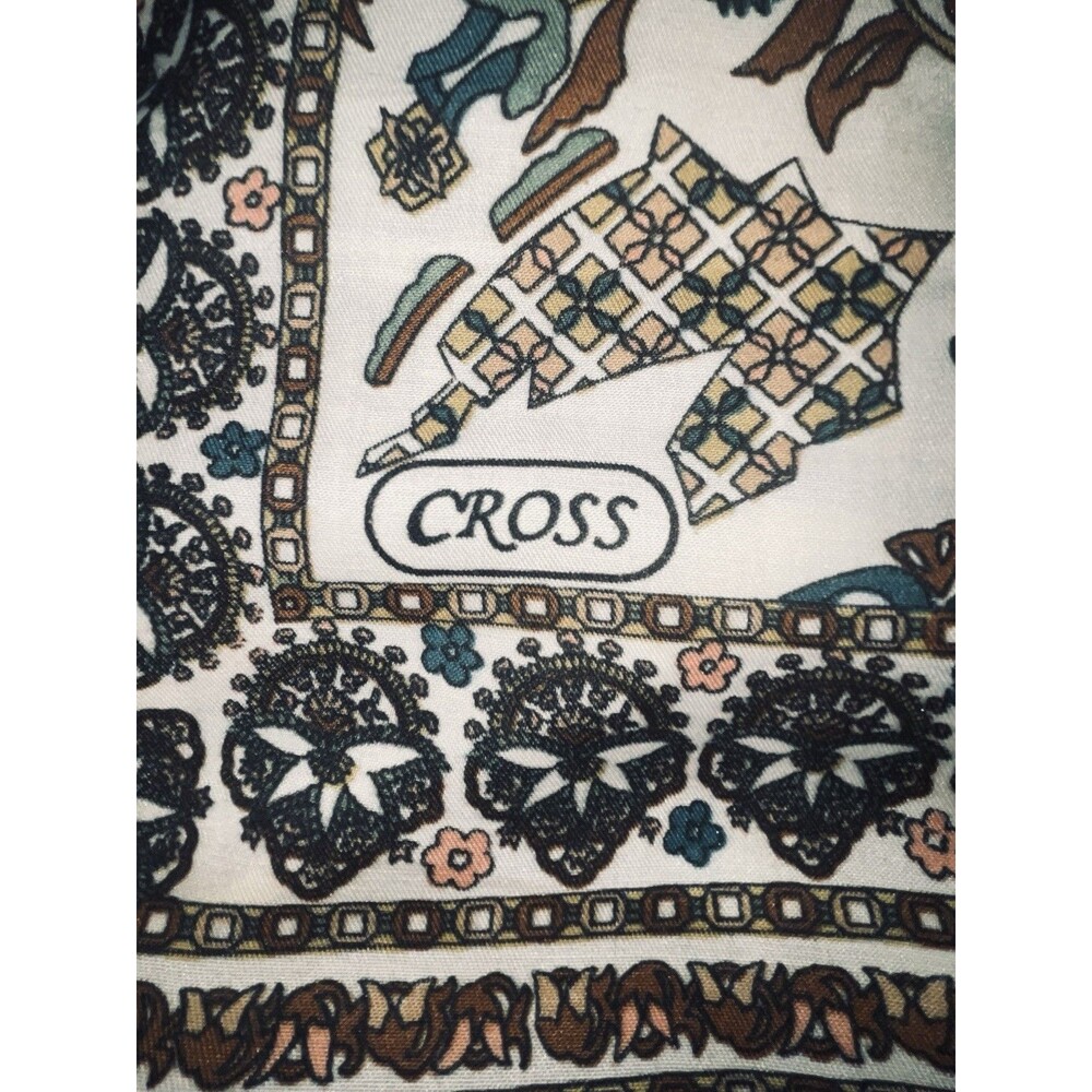 Vintage CROSS Brand 45 in x 45 in Brown Green Yellow Scarf Fringe - Picture 3 of 4
